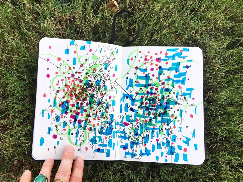 Photo of a hand holding a sketchbook on grass with an abstract spread using markers and pens.