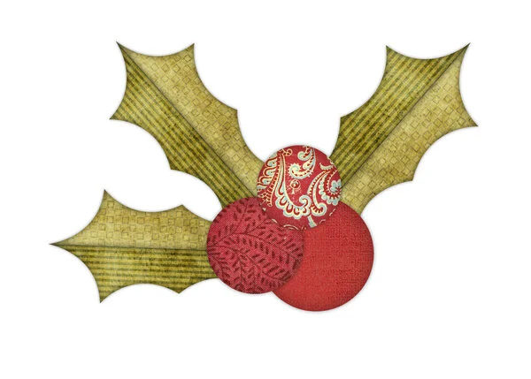 Illustration of a group of three red holly berries with green leaves made with fun textures.