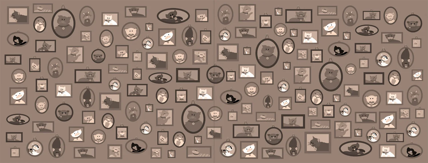 Endpaper with pattern of framed photos of various cats and one dog.