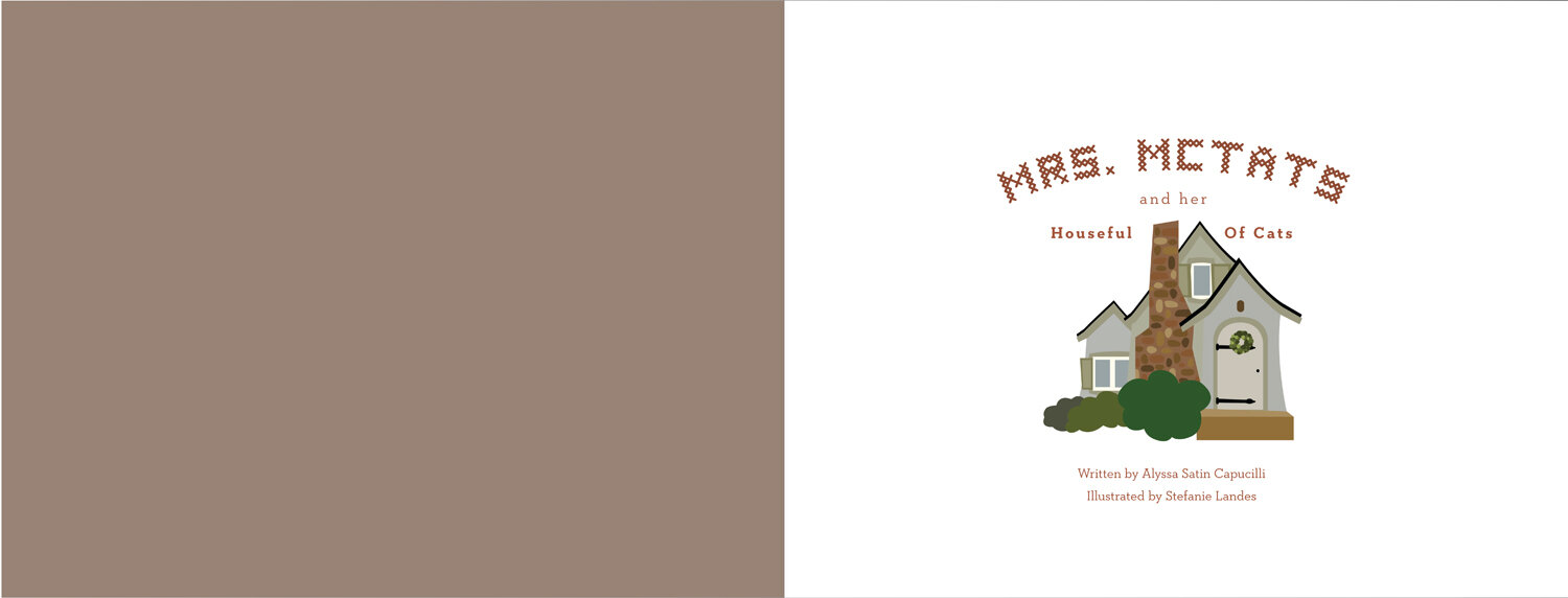 First spread of book - left page is grey and the right page has an illustration of her house with the title and author.