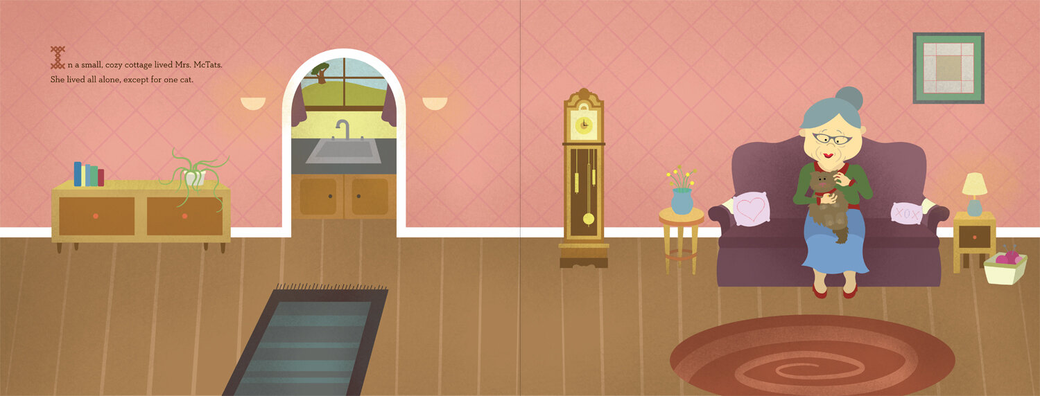 Scene of Mrs. McTats' living room holding one cat.