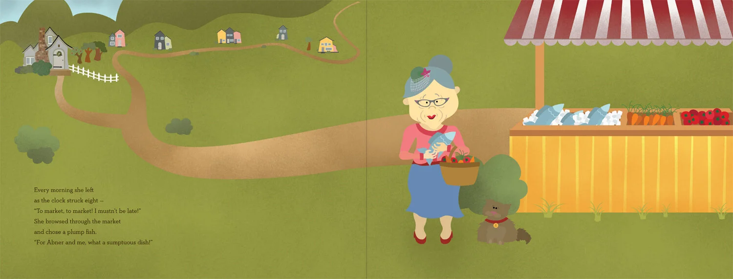 Mrs. McTats walks to the market to get fish as a treat for her and her cat. She is holding a fish with a basket of veg.