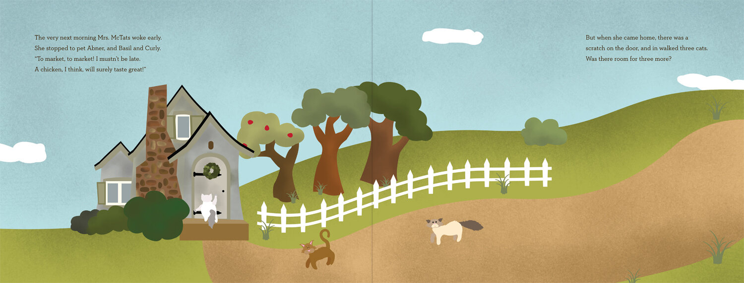 Exterior of house with a white picket fence and three more cats are walking down the road to knock on her door.