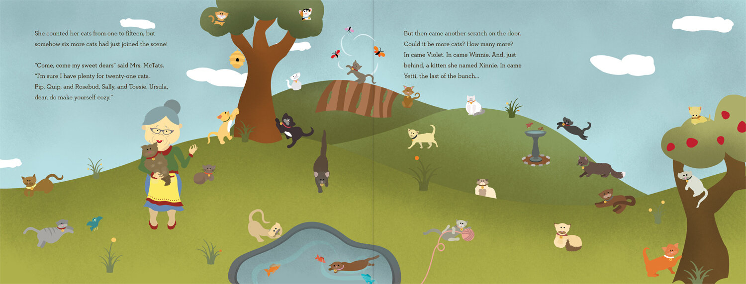 Mrs. McTat's stands by her pond holding another cat, while the other cats frolic and play.