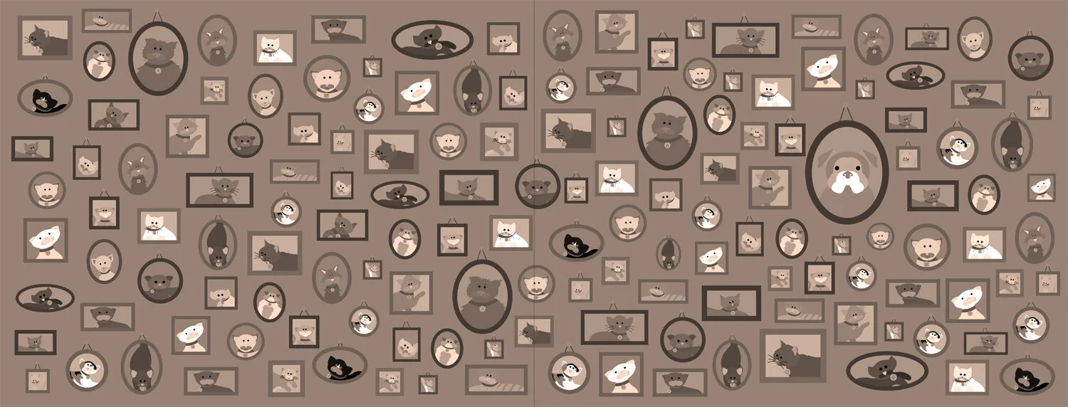 Endpaper with pattern of framed photos of various cats and one dog.