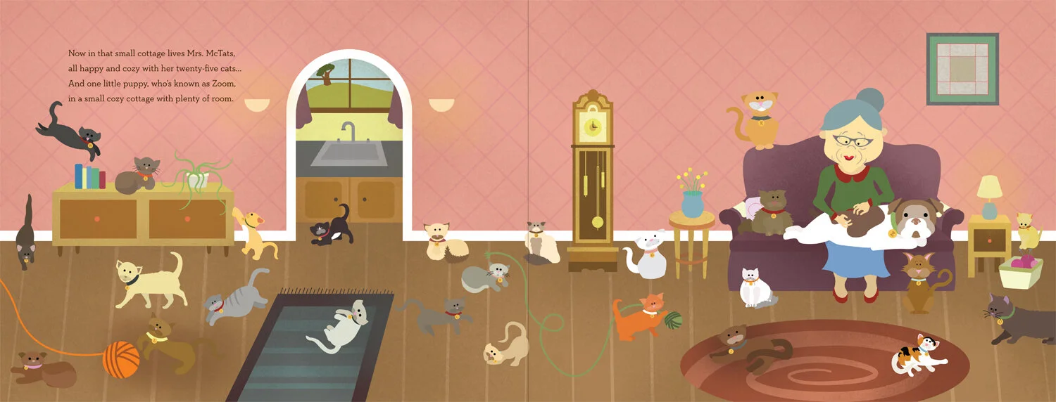 Final scene with Mrs. McTat's holding the surprise puppy surrounded by her 25 cats.