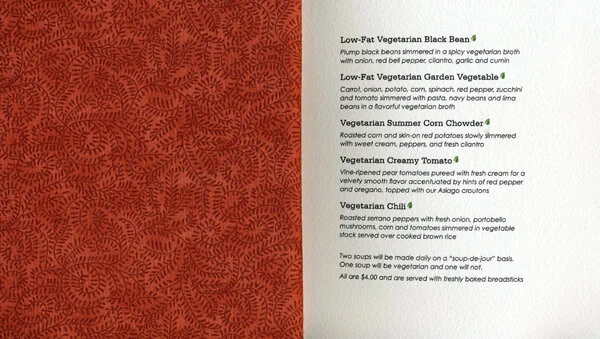 Third spread: Red fabric on the left and vegetarian soup choices on the right.