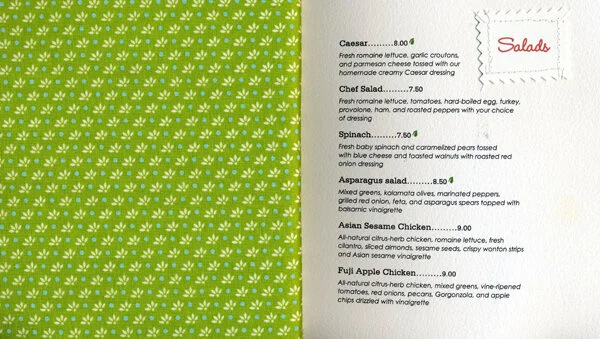 Fourth spread: Green fabric on the left and salad choices on the right.