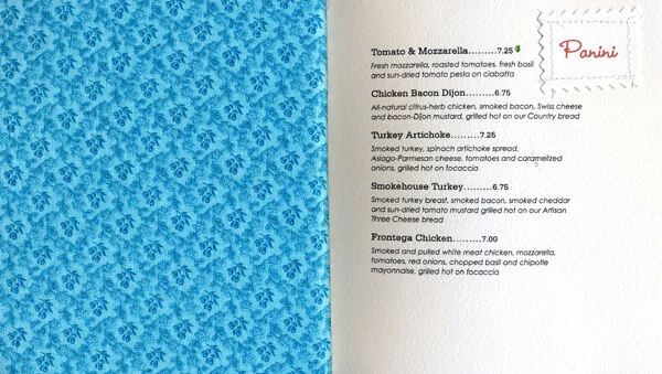 Sixth spread: Blue fabric on the left and panini choices on the right.