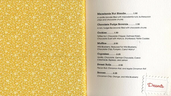 Seventh spread: Yellow fabric on the left and dessert choices on the right.