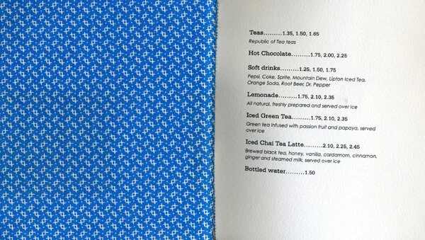 Ninth spread: Blue fabric on the left and more drink choices on the right.
