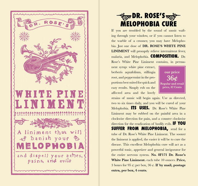 Spread promoting Dr. Rose's White Pine Liniment: An alleged cure for Melophobia.