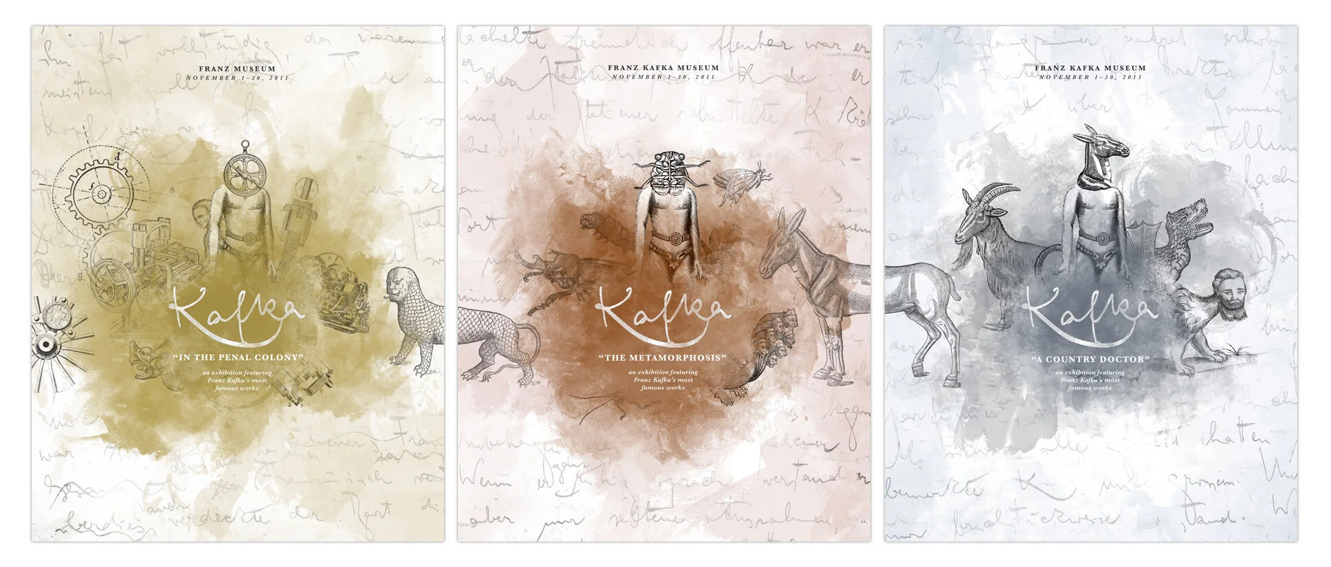 Group photo of all 3 posters promoting the exhibit. Each poster highlights one work, and images flow from one to the other.