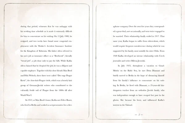Third spread: Both pages talk more about Kafka's life.