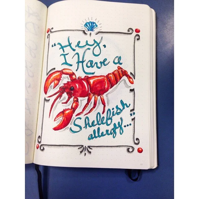 Photo of a typographic illustration from "Project 365" that has a lobster and says "hey, I have a shellfish allergy"