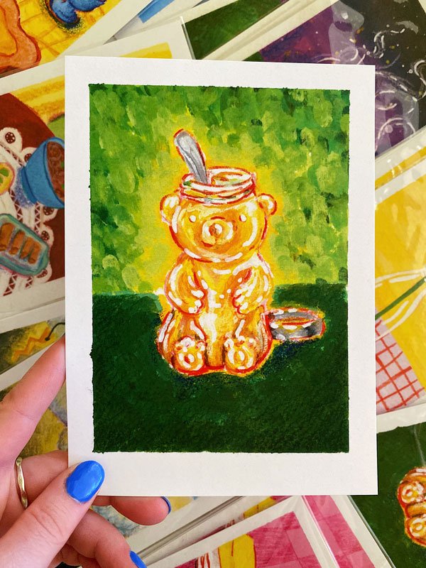 Detail of a glowing jar of honey shaped like a bear on a green background. Print measures 5" by 7" & is on recycled stock.