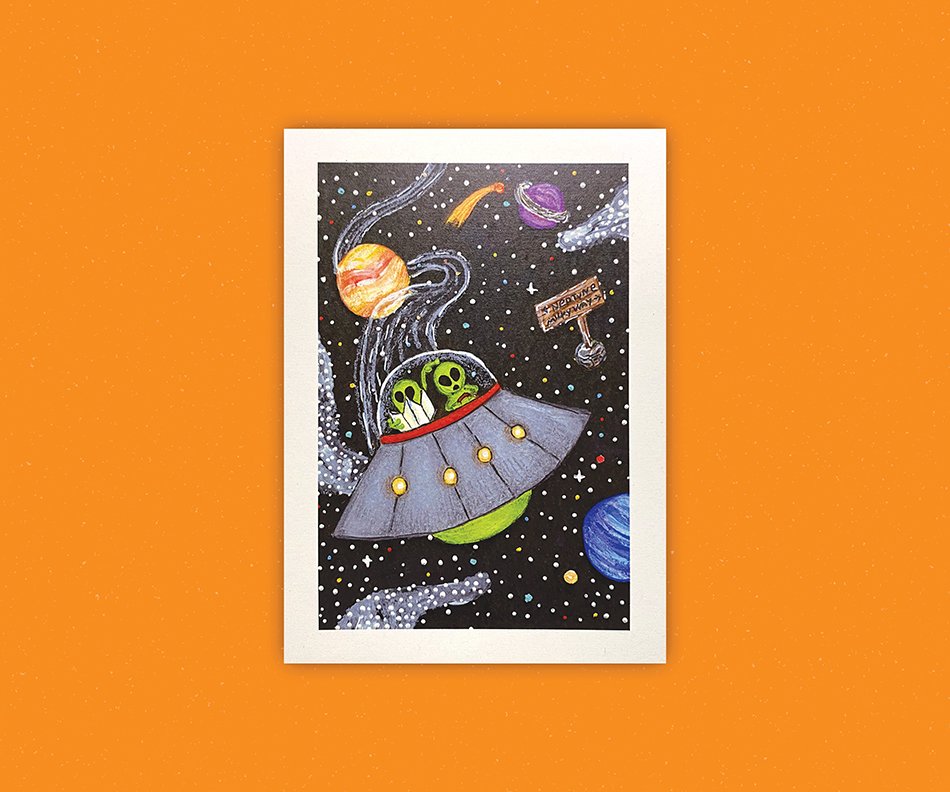 Print of two aliens in their space ship reading a map lost in space. Print measures 5" by 7" and is on recycled stock.