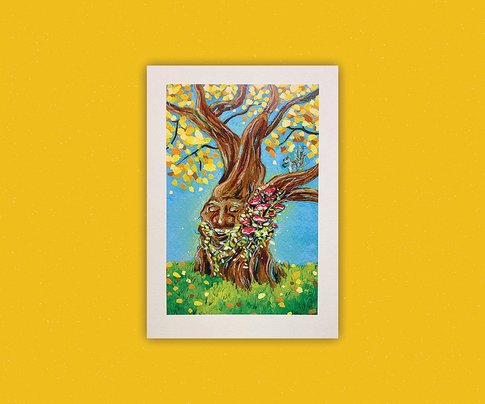 Print of a mystical tree adorned with mushrooms and a little squirrel. Print measures 5" by 7" and is on recycled stock.