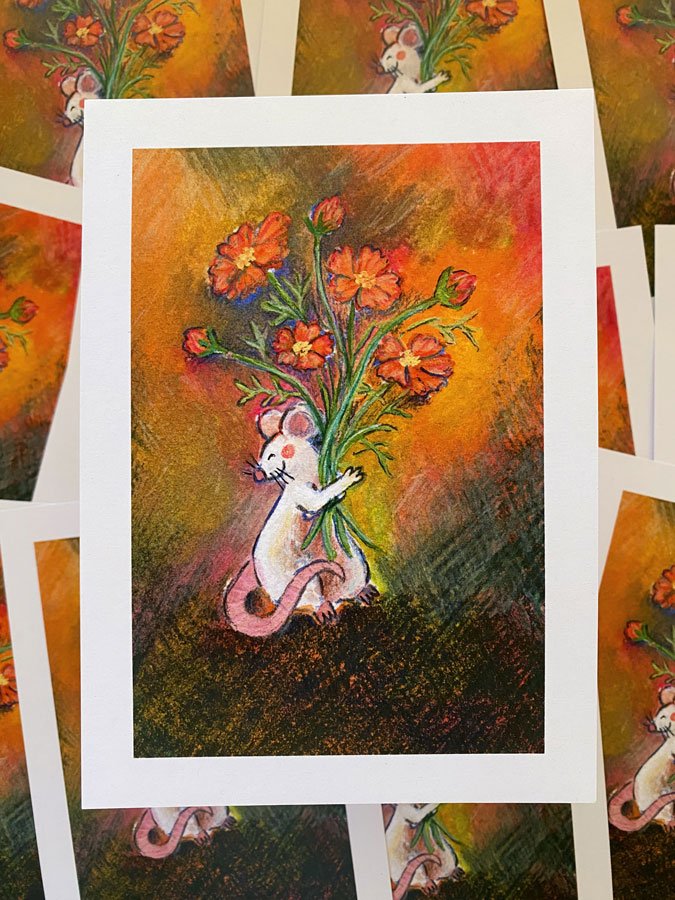 Detail of a white mouse holding a bunch of cosmos on a colorful background. Print measures 5" by 7" and is on recycled stock.