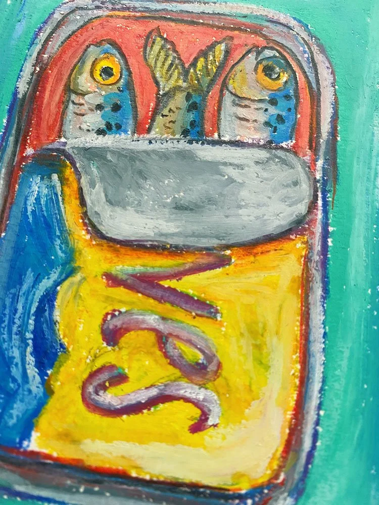 Close up photo of an original, colorful, oil pastel drawing of sardines in a tin on a 5x7" archival cotton 140lb paper.