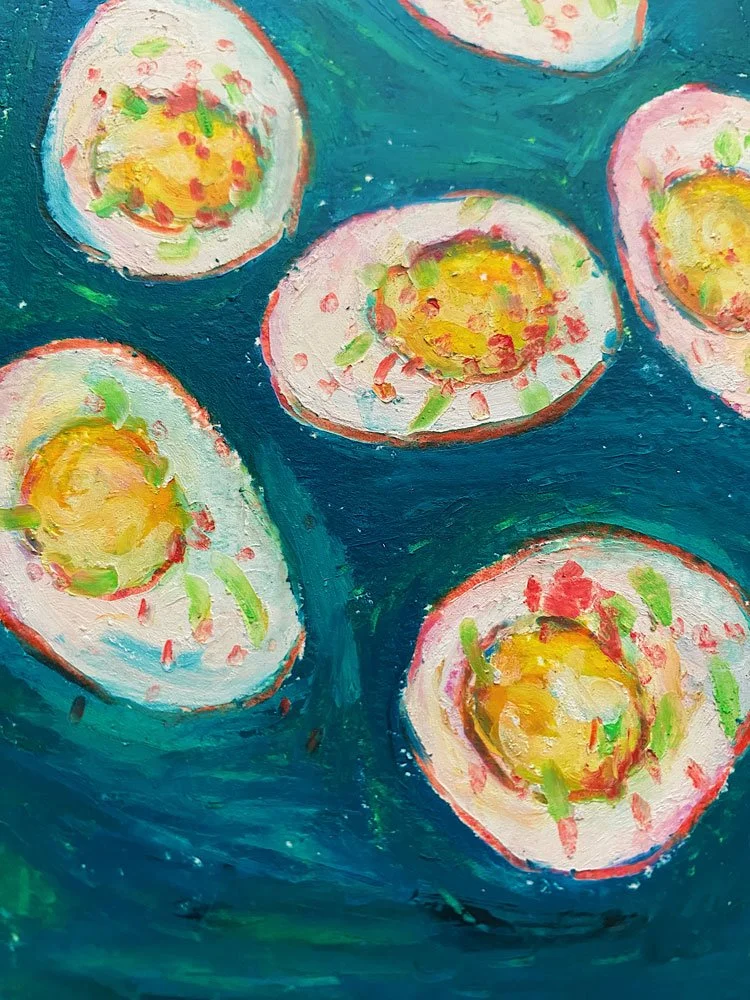 Detail photo of an original, colorful, oil pastel drawing of deviled eggs on a 5x7" archival cotton 140lb paper.