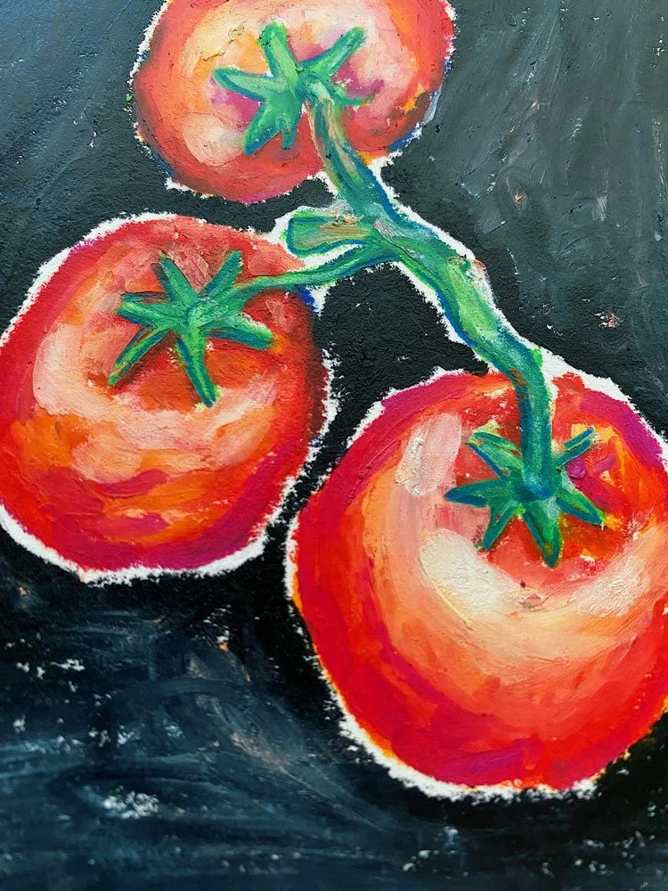 Detail image of an original oil pastel drawing of three colorful red tomatoes on the vine with a black background.
