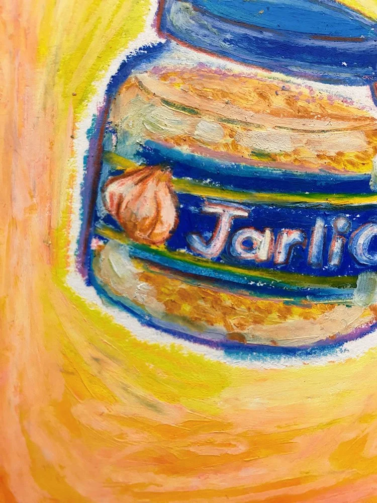 Close up photo of an original, colorful, oil pastel drawing of jarred garlic on a 5x7" archival cotton 140lb paper.