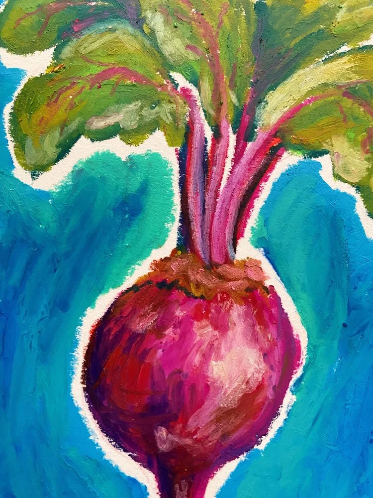 Detail Photo of an original, colorful, oil pastel drawing of a red beet with leaves on a 5x7" archival cotton 140lb paper.