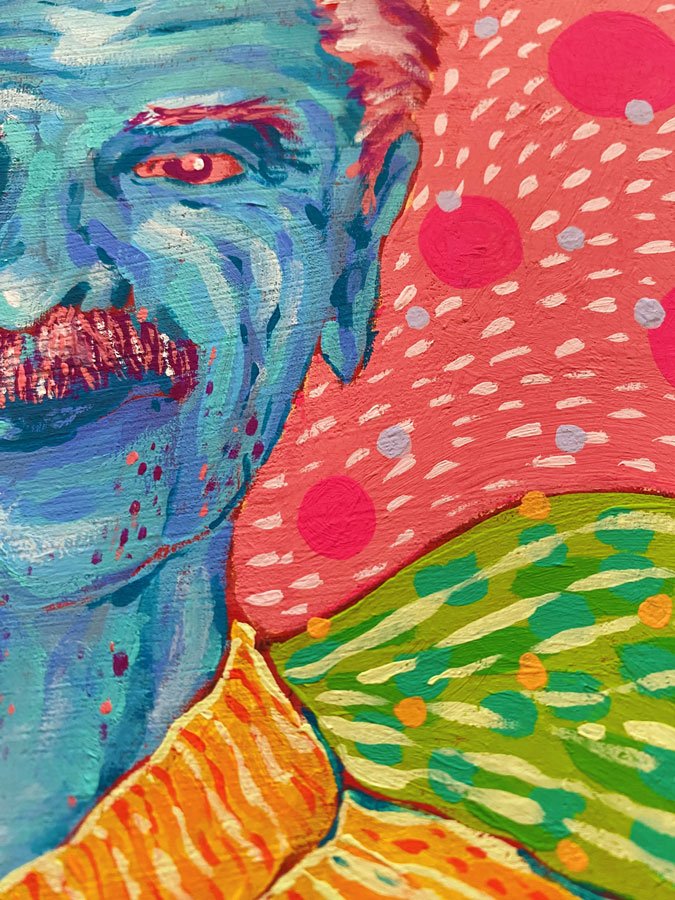 Close up of an acrylic gouache painting of an old man with blue skin, on a background with pink spots and green stripes.