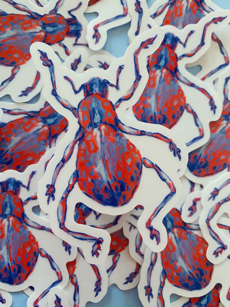 Close up photo showing clear vinyl stickers of a painted red and purple beetle, on a blue background.