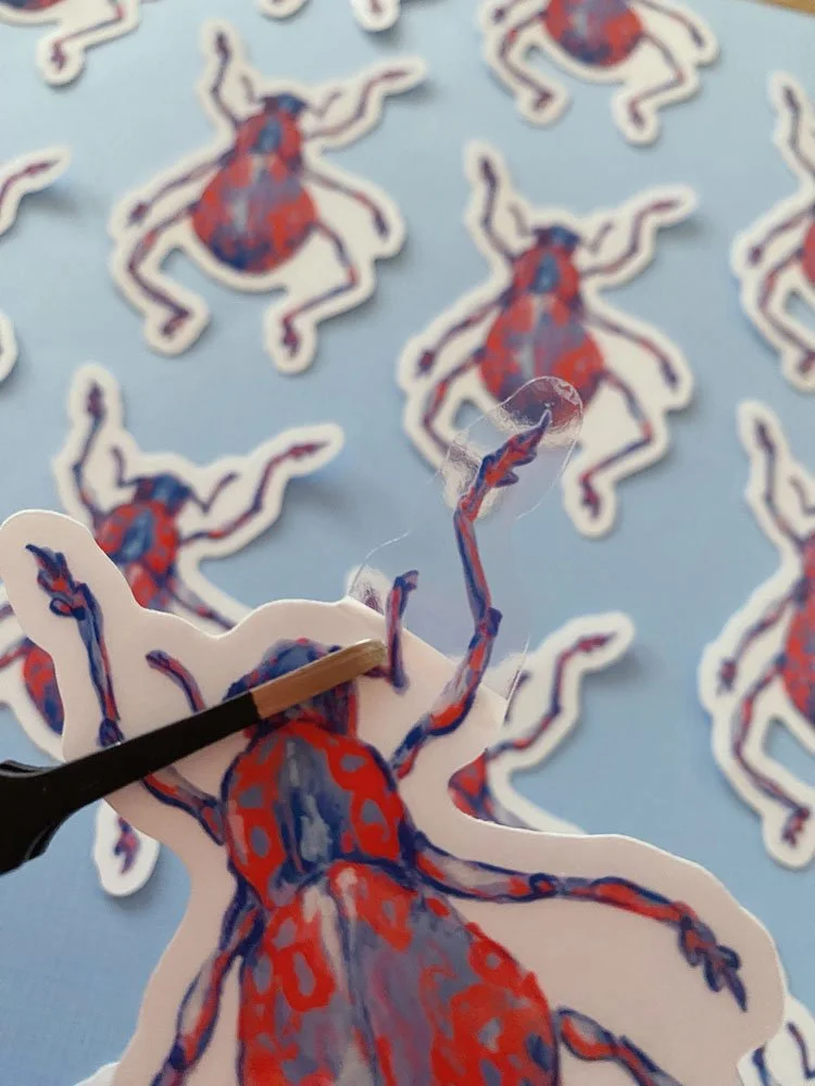 Overview photo showing detail of a clear vinyl stickers of a painted red and purple beetle, on a blue background.