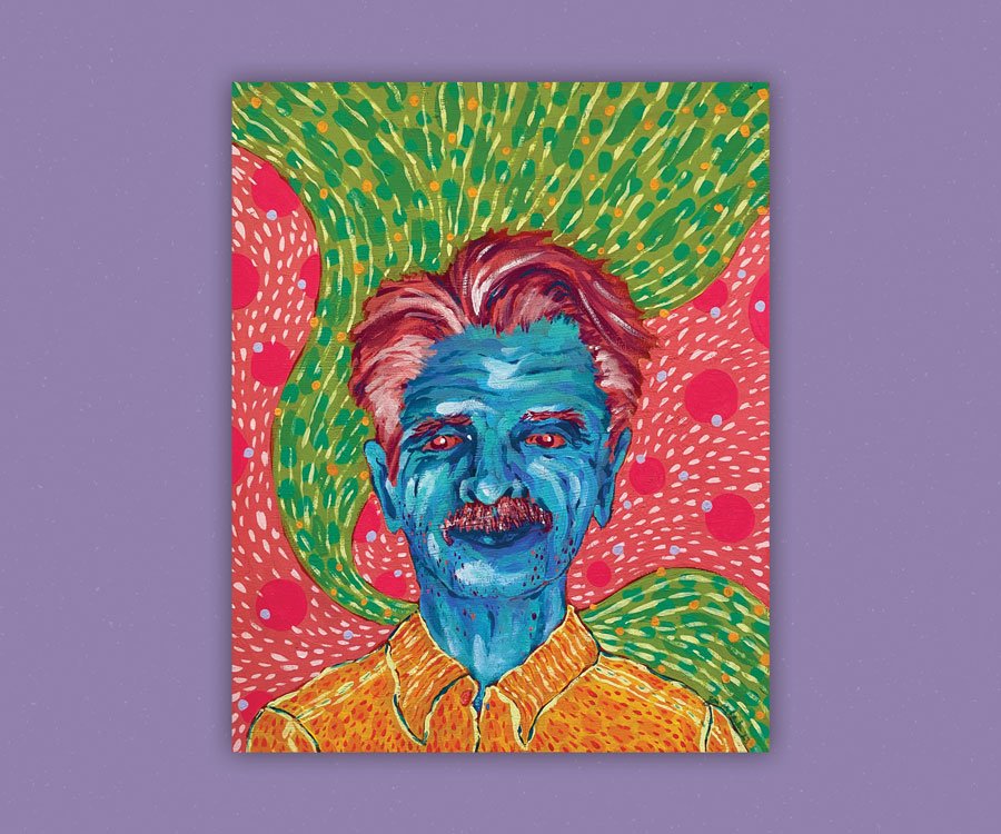 Overview of an acrylic gouache painting of an old man with blue skin, on a background with pink spots and green stripes.