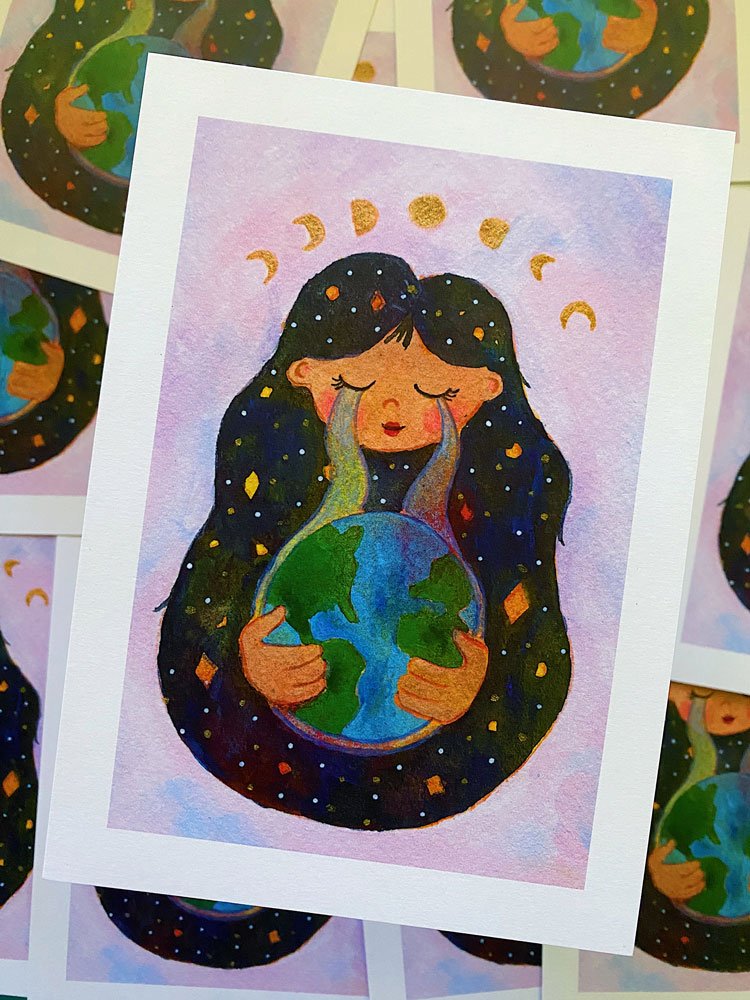 Detail of a woman with black hair holding the earth while crying with moons. Print measures 5" by 7" and is on recycled stock.