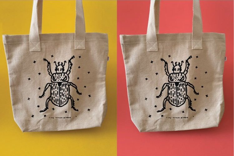Side by side image of a screen print of a beetle on two natural canvas tote bags ethically made in Los Angeles.