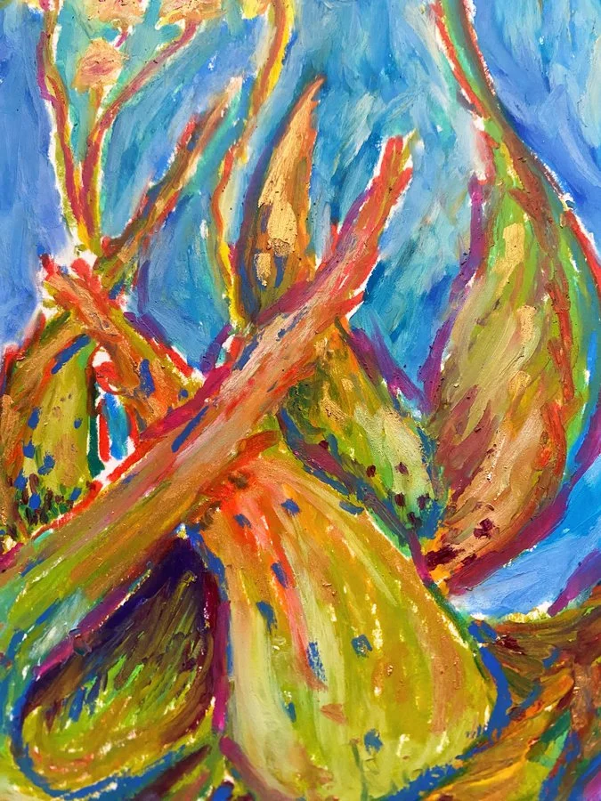 Close up photo of an original, colorful, oil pastel drawing of the Barbados Aloe plant on 9x12" smooth 100lb bristol paper.