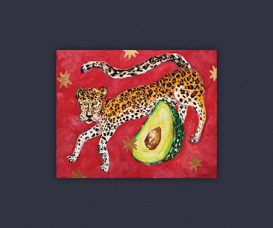 Overview of an acrylic gouache painting of an avocado and a leopard with gold stars on a red background.