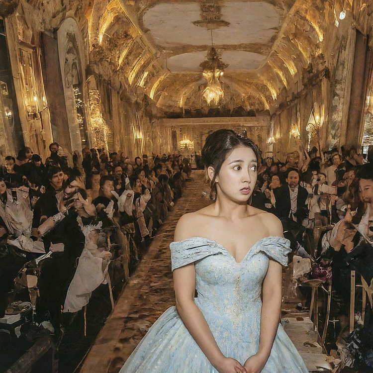 A woman in an elegant light blue dress standing in a grand, ornate hall filled with seated guests — cover art for The Princess and the Pee