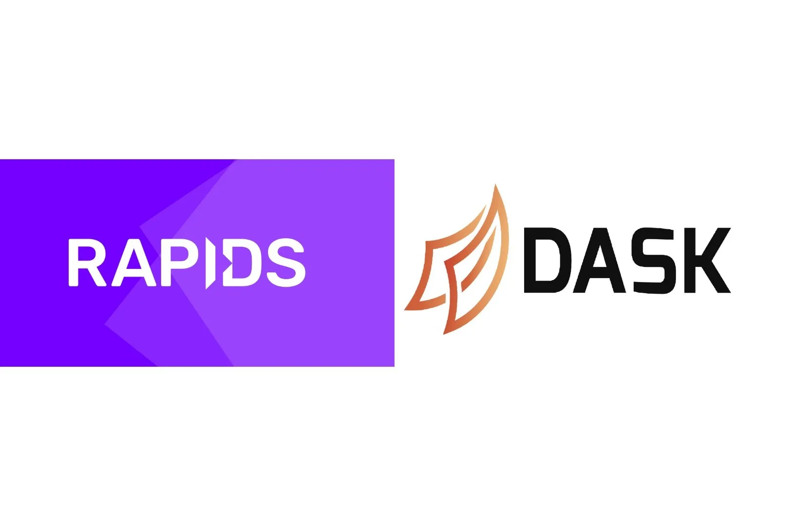 The image features the logos of RAPIDS and DASK side by side. The RAPIDS logo is a purple geometric shape with white text, and the DASK logo includes a stylized orange and brown wing design with black text.