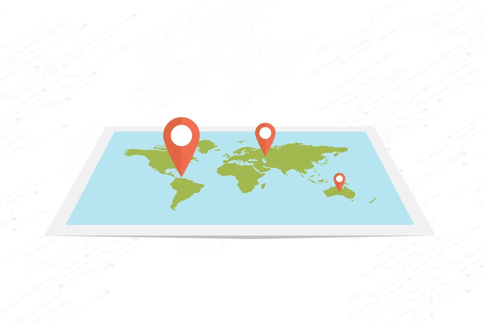 World map with three location markers in North America, Europe, and Australia.