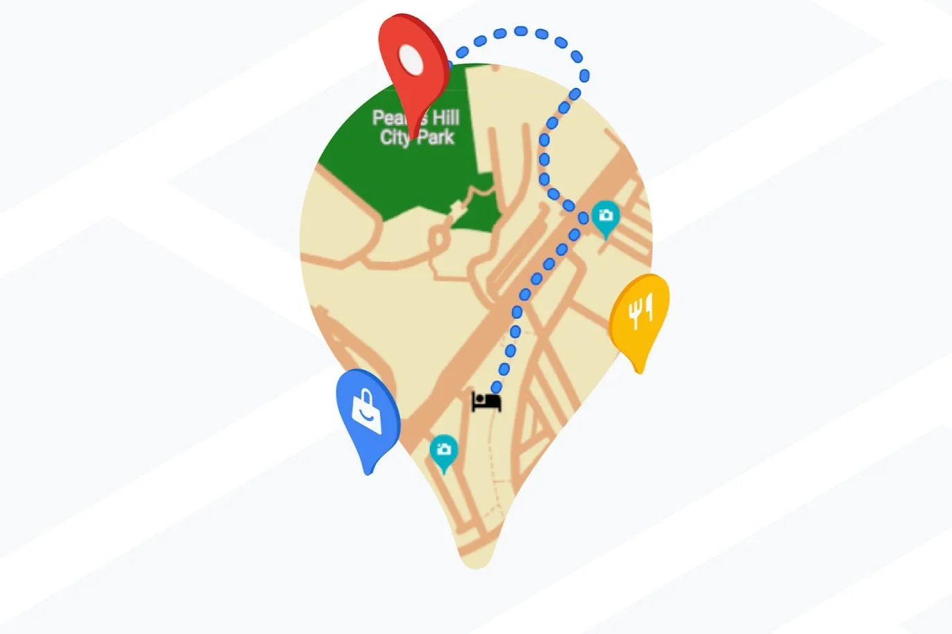 Map with a blue dotted walking route passing through parks and streets, marked with icons for shopping, dining, photos, and a red location pin.