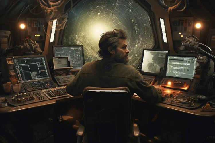 A person in a spaceship cockpit with multiple computer screens looking out at a distant galaxy — cover art for The Phalereon Fable