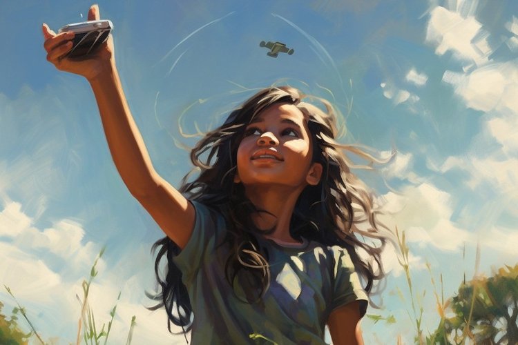 A young girl outdoors under a bright blue sky with an AI drone hovering above her — cover art for Apurna Meets God