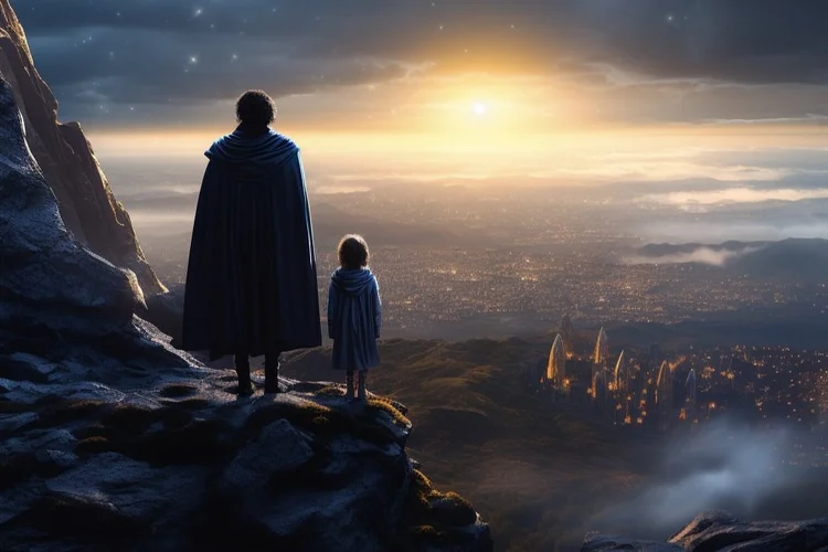 Silhouettes of a person and child on a mountain overlooking a futuristic city among clouds at sunset — cover art for The Last Heckle Barge