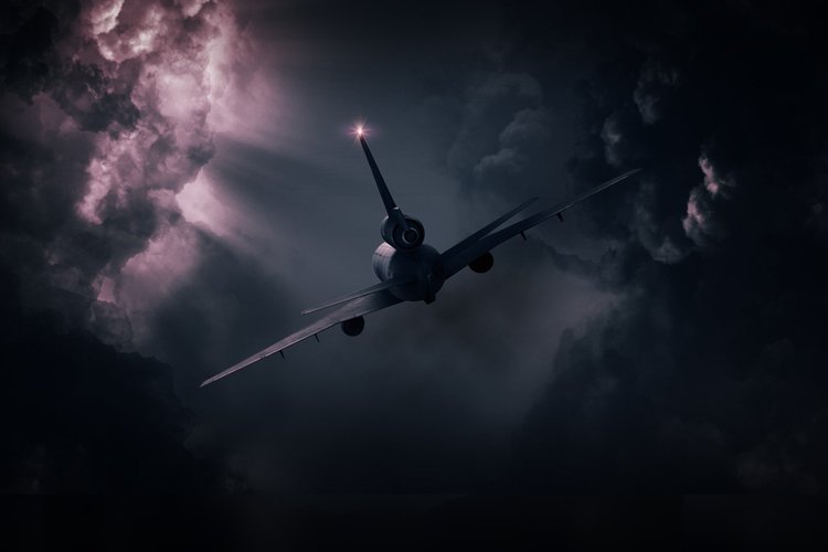 A dark airplane flying through a stormy sky with lightning and thick clouds — cover art for Souls on the Open Plane