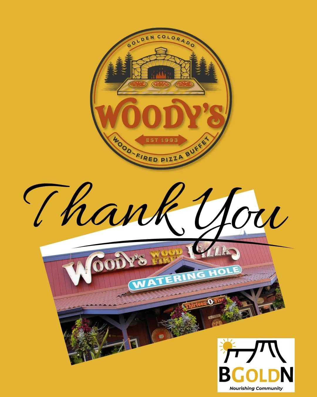 🍕💛 A big shoutout to Woody&rsquo;s Pizza for giving back to BGOLDN and supporting our mission to nourish the Golden community. Your generosity helps ensure every neighbor has access to fresh, healthy food &mdash; thank you for making a difference! 