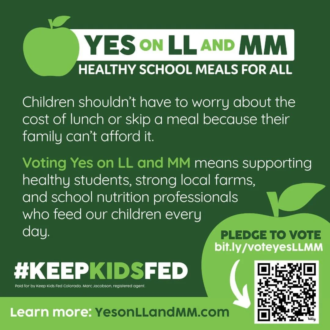 Don't forget to vote yes on  Propositions  LL and MM to keep healthy school meals for all going in our schools.
@hungerfreeco