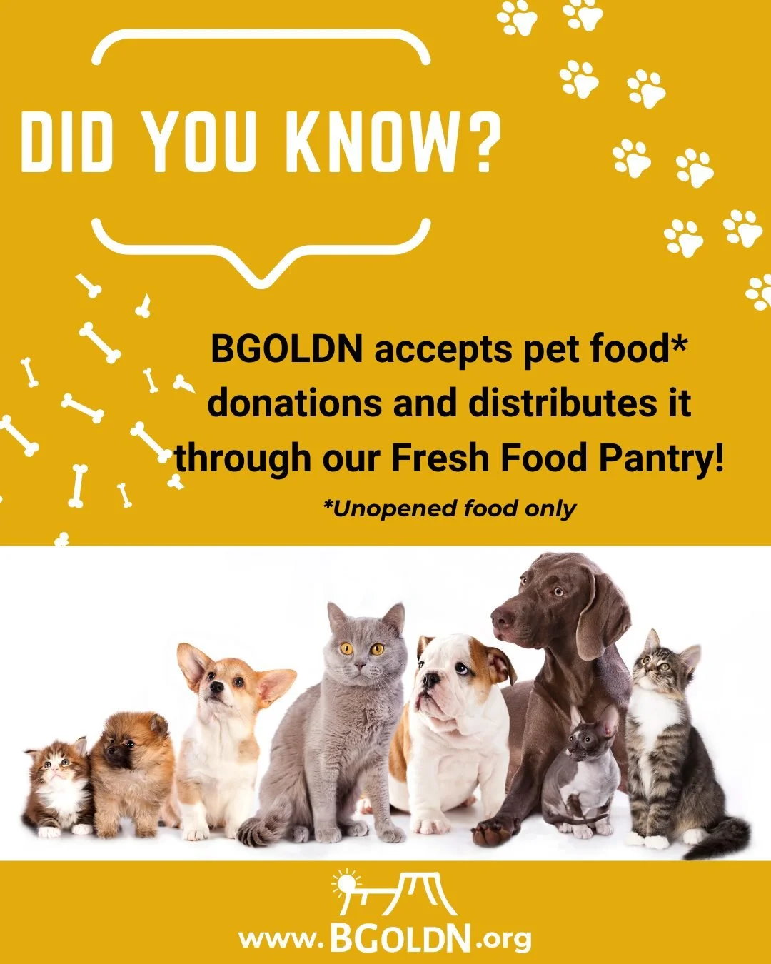Did you know we accept unopened pet food donations at the BGOLDN Fresh Food Pantry? 🐾 Our pets are family and we support our furry friends along with our families at the pantry. Every donation makes a tail wag and a cat purr! 🐕🐈
#PetDonation #BGOL