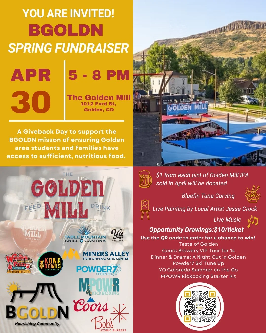 You&rsquo;re invited to a night of fun, flavor &amp; giving back! Join us for the BGOLDN Spring Fundraiser on April 30th from 5&ndash;8 PM @the_golden_mill in Golden, CO!

✨ What&rsquo;s happening:
&bull; Live music by Kory Montgomery 🎶
&bull; Bluef