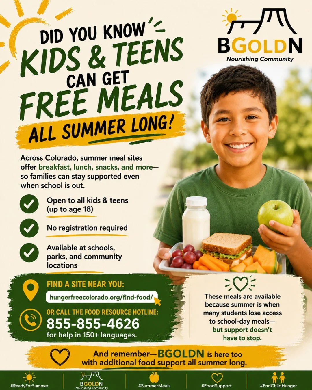 Did you know kids and teens can get free meals all summer long? Across Colorado, summer meal sites offer breakfast, lunch, snacks, and more&mdash;so families can stay supported even when school is out. 
✔️ Open to all kids &amp; teens (up to age 18) 