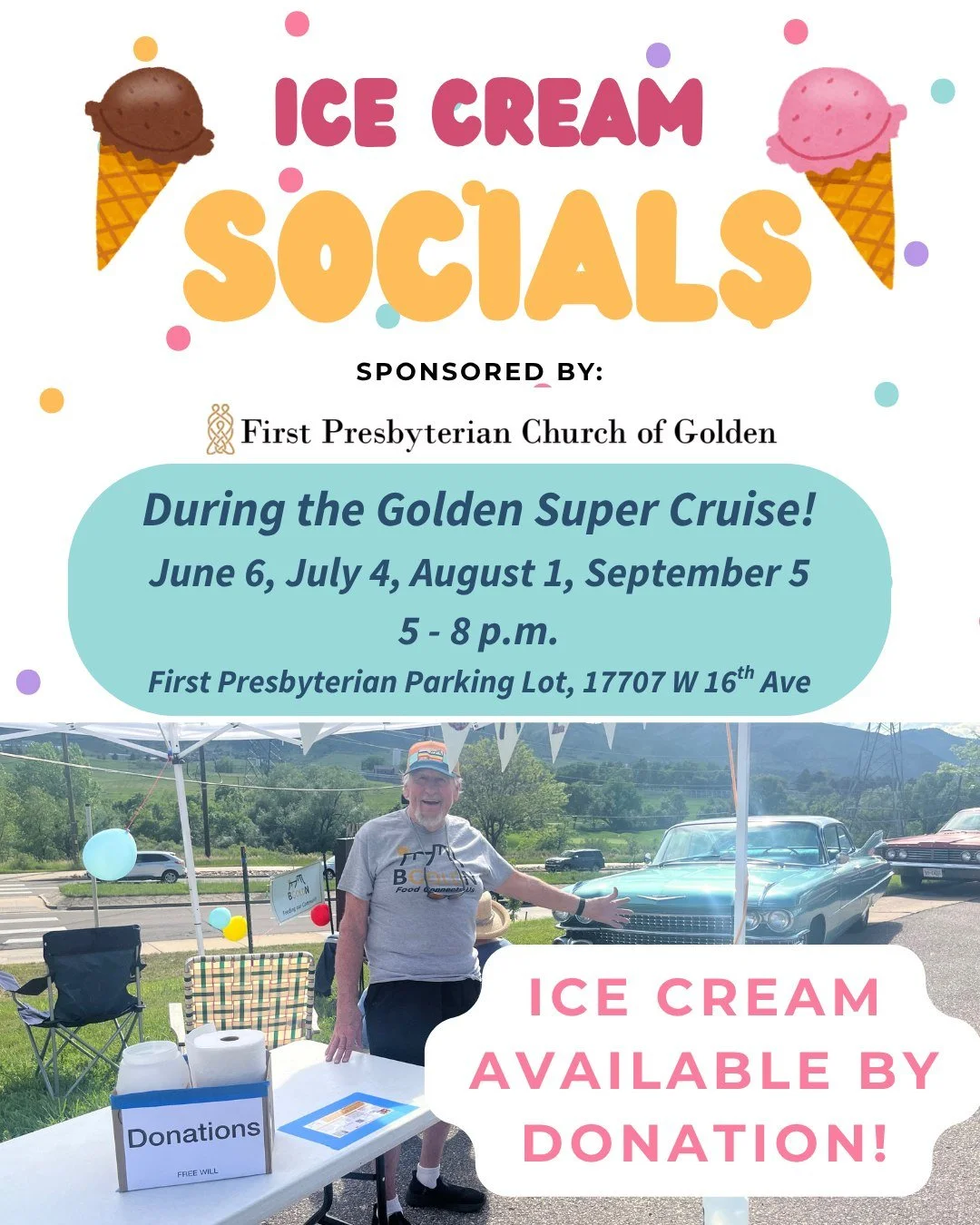 Join the First Presbyterian Church during the &ldquo;Golden Super Cruise&rdquo; which is a celebration of vintage cars and hot rods that &ldquo;cruise&ldquo; up and down South Golden Road in the evening of the first Saturday of every month all summer